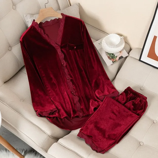 VenusFox Velvet Pajamas Women Autumn Winter Sleepwear Long Sleeve Casual Nightwear Pajamas Suit Loose Home Clothes Lace Trim Sleep Set