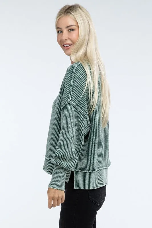 Washed Side Slit Oversized Cropped Sweater