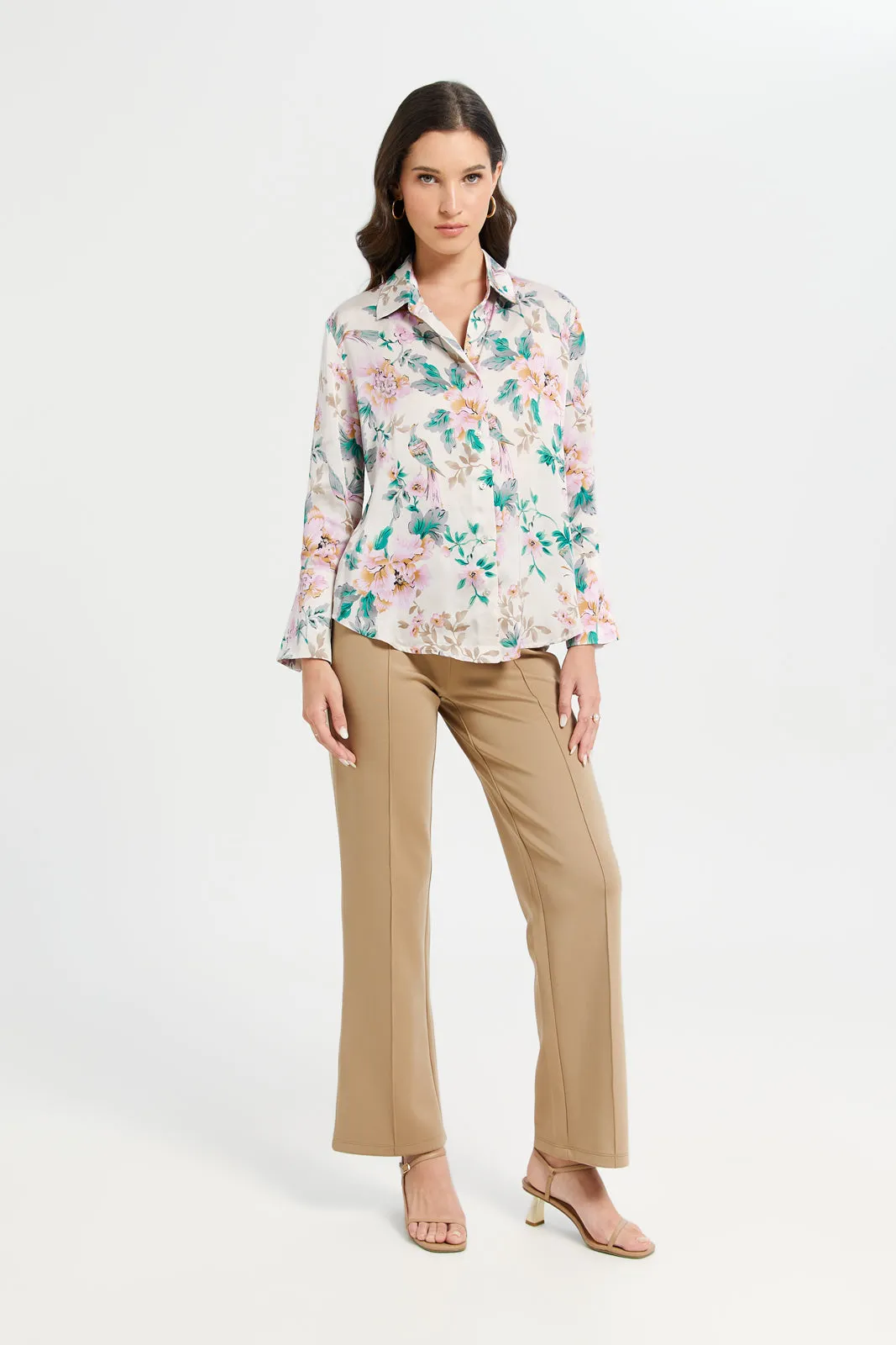 Women Beige Floral Print Oversized Satin Shirt