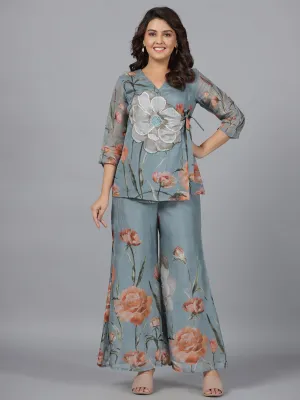 Women Grey Organza Printed Clothing Set