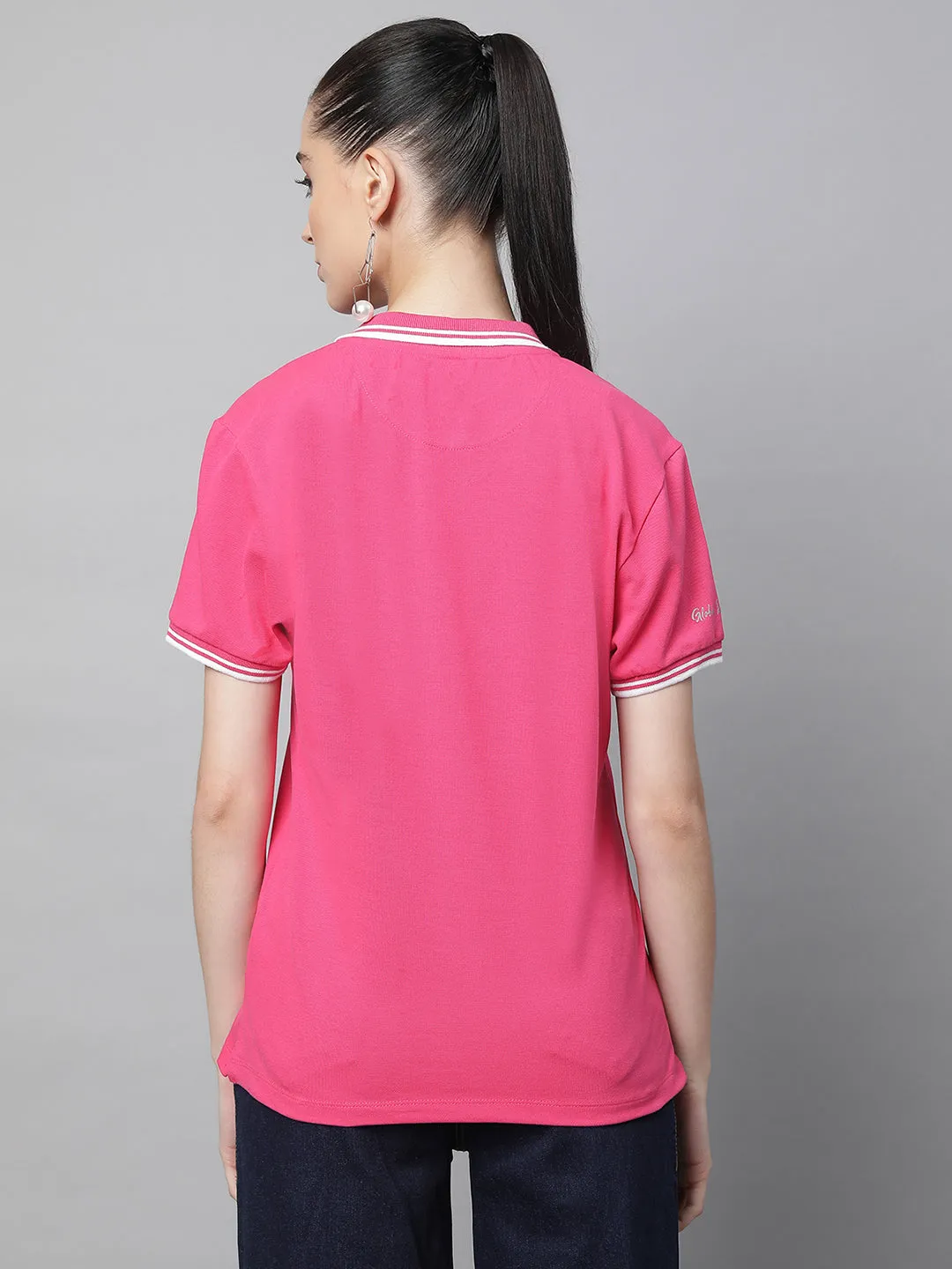 Women Regular Fit Polo Neck Pink Cotton T-Shirt