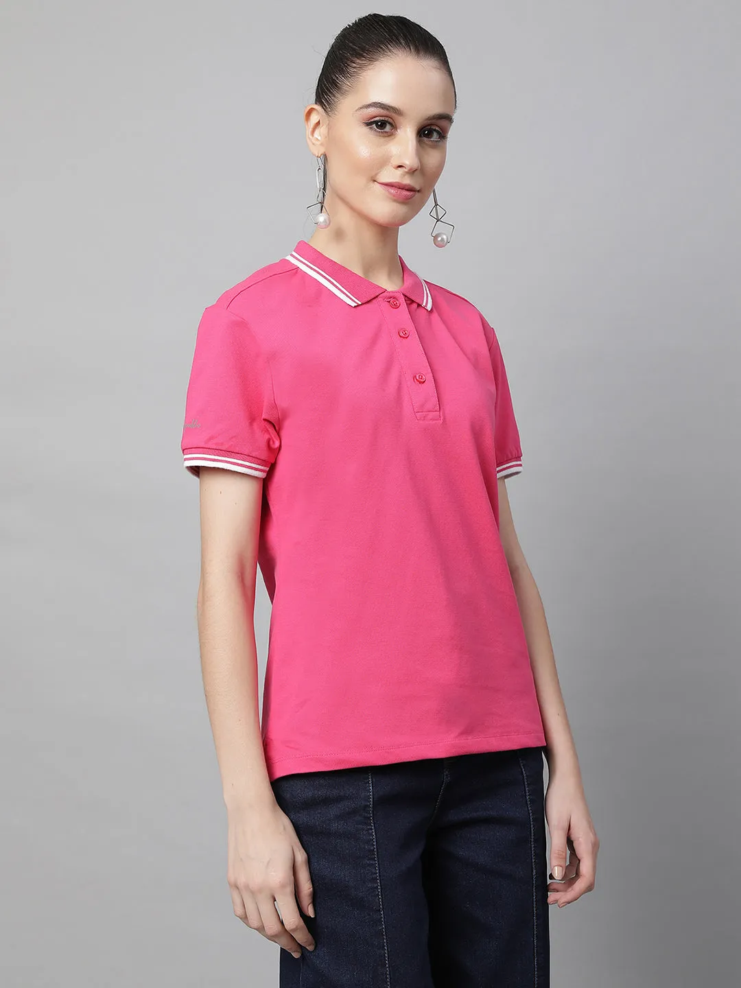 Women Regular Fit Polo Neck Pink Cotton T-Shirt