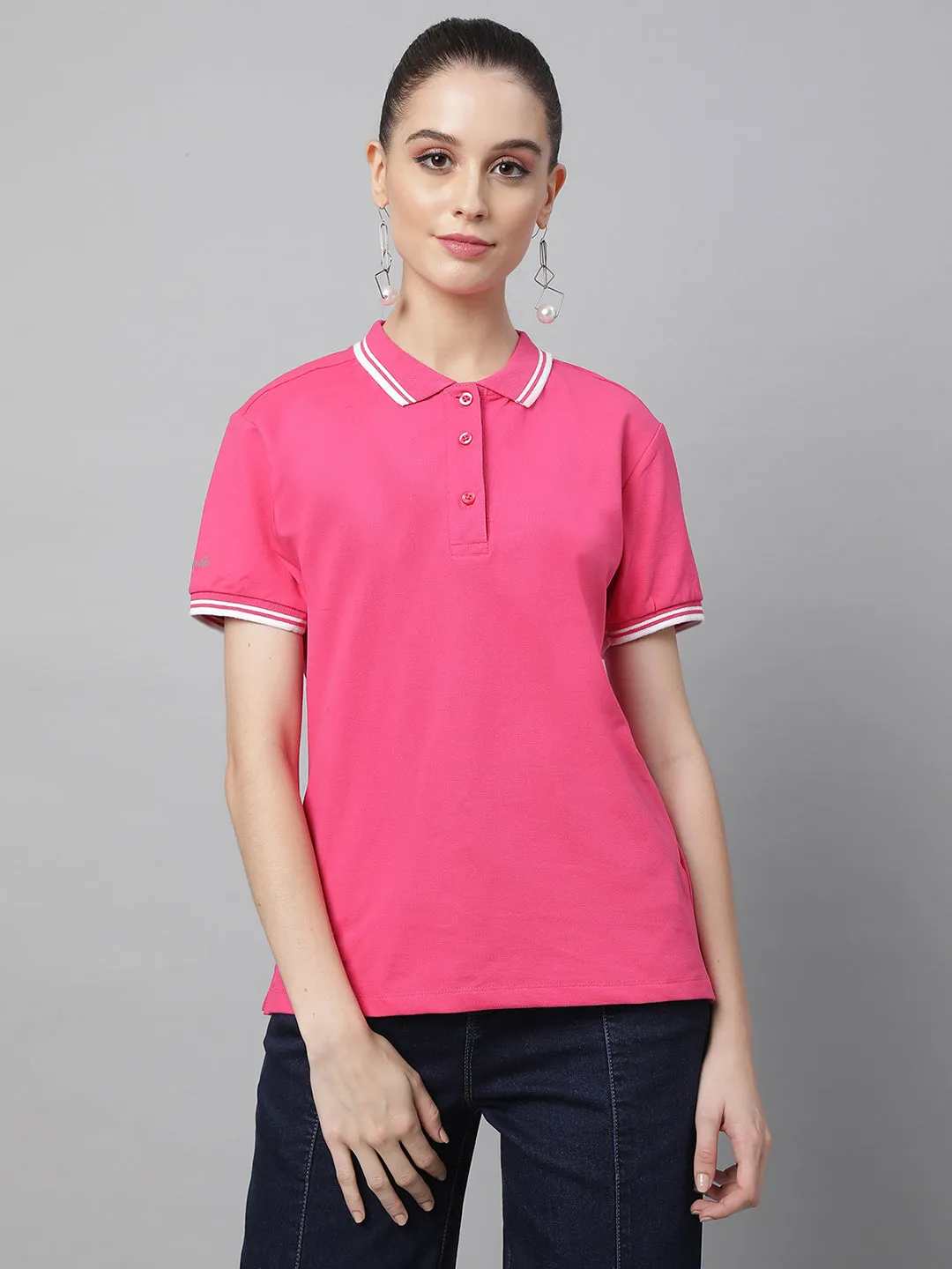 Women Regular Fit Polo Neck Pink Cotton T-Shirt